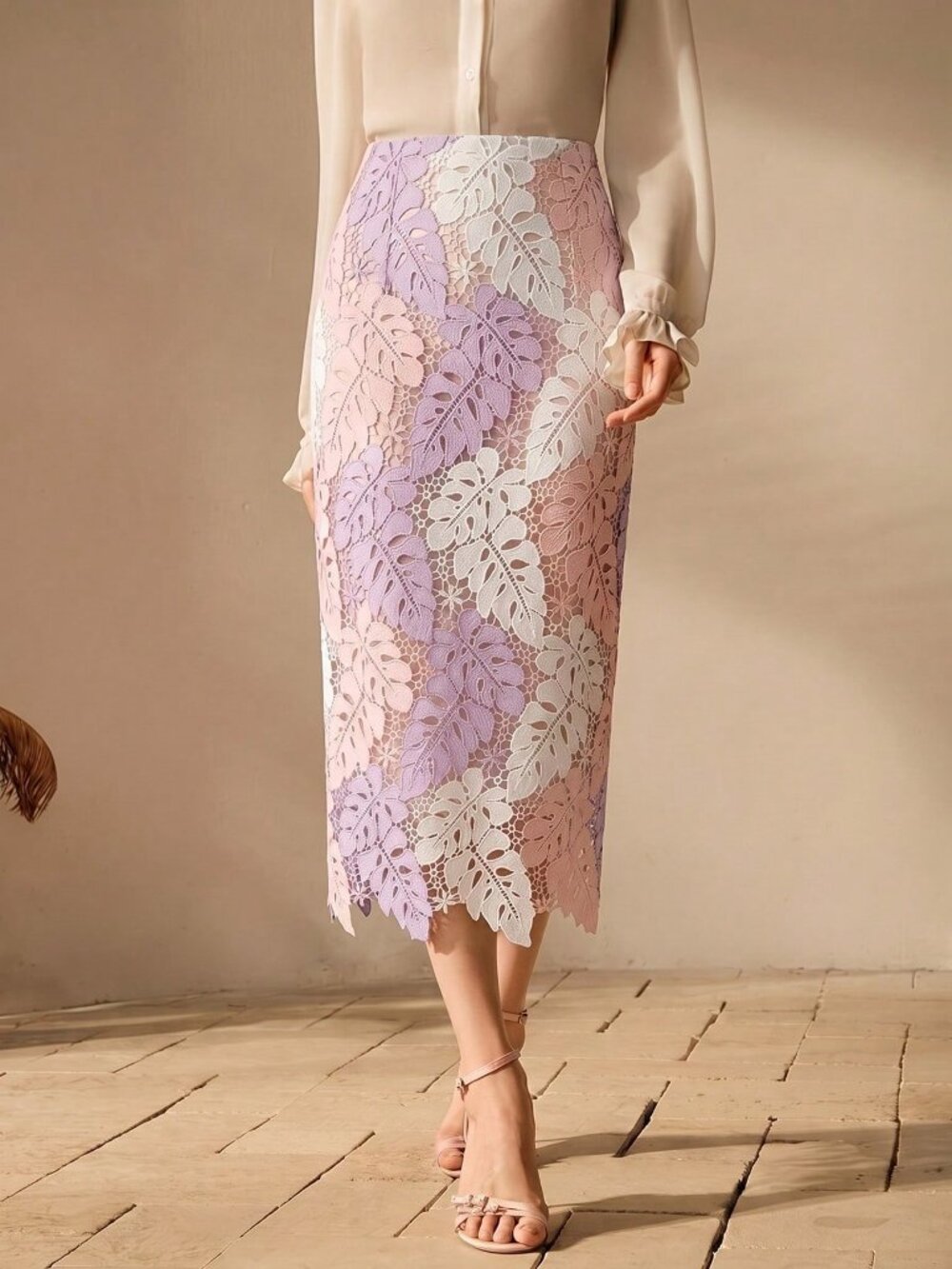 Pink Elegant Women's Floral Contrast Color Hollow Embroidered Skirt - Picture 7 of 8